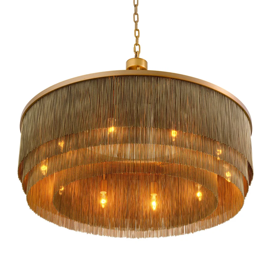 Suspension lamp by Eichholtz Tissot in metal with antique brass finish and drum shaped cascading multi tiered link chains