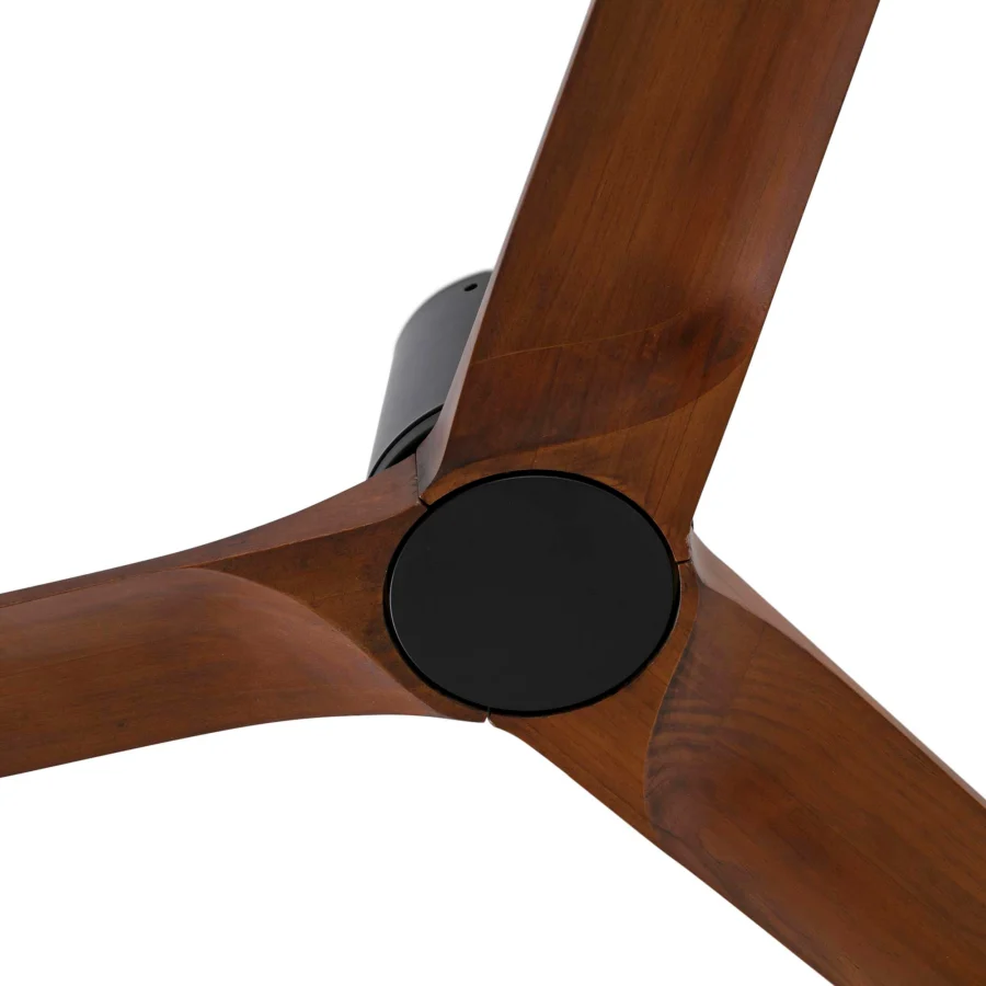 Ceiling fan by Faro Barcelona with pine wood blades in satin finish and central matte black metal motor housing assembly