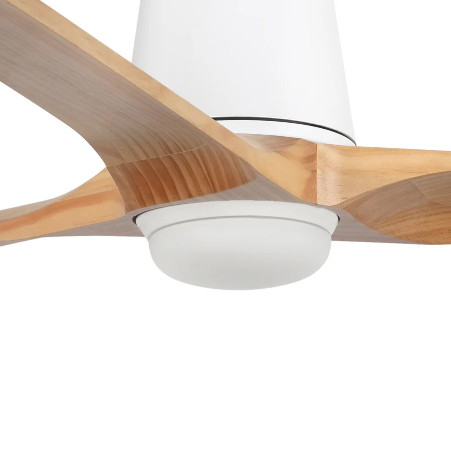 Ceiling fan by Faro Barcelona featuring pine blades paired with matte white housing containing integrated LED illumination