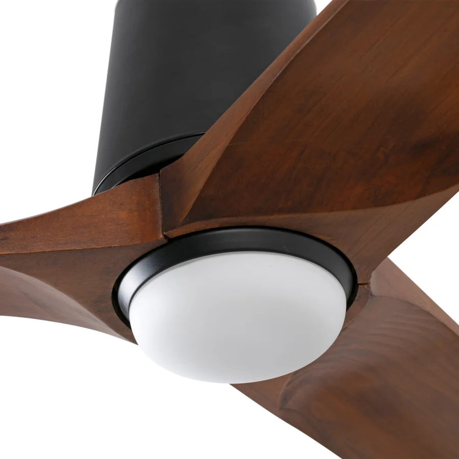 Ceiling fan by Faro Barcelona with pine wood blades in medium brown grain plus matte black metal housing and frosted…