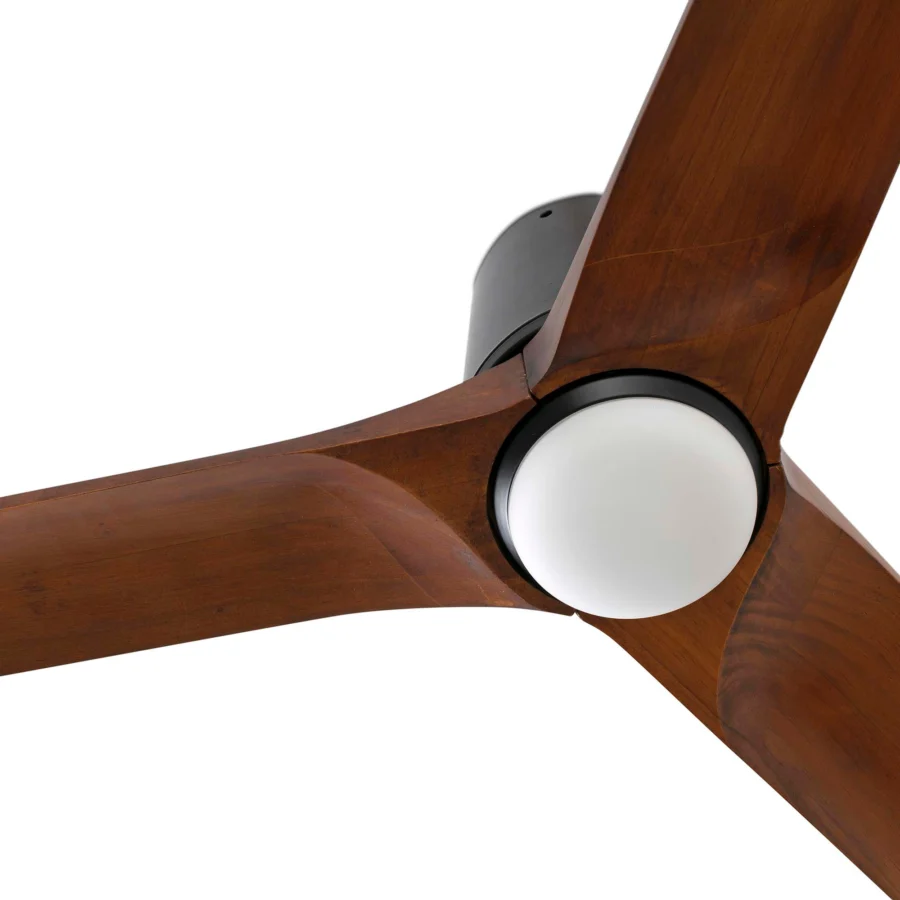 Ceiling fan by Faro Barcelona featuring pine blades, matte black metal housing, and frosted white glass lens