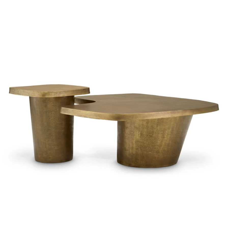 Coffee table set by Eichholtz in metal with antique brass finish and dark weathered shading, showing asymmetrical curves