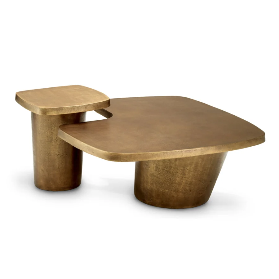 Coffee table set by Eichholtz in metal with a matte brass finish and interlocking layered rectangular top base design