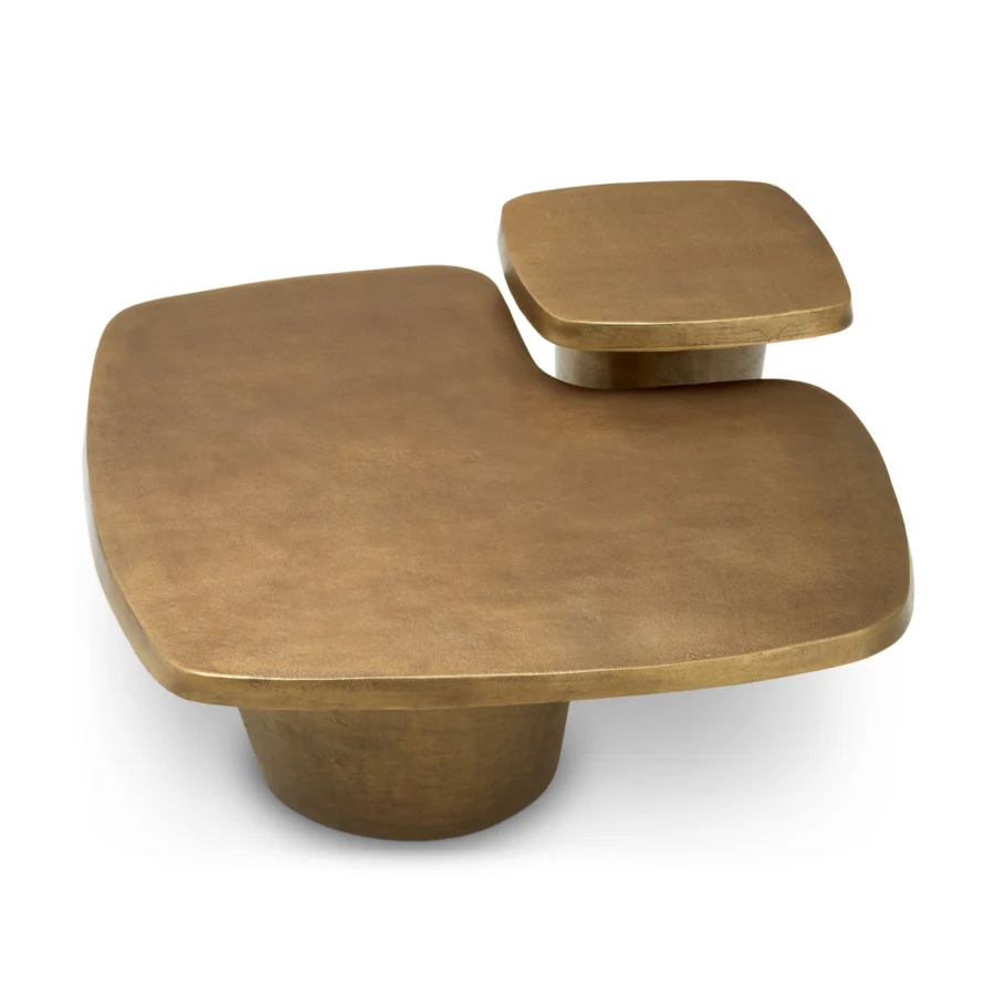 Coffee table set by Eichholtz in metal with brushed bronze tone, featuring interlocking tiers and solid pedestals