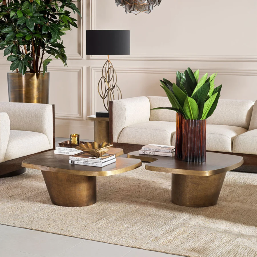 Coffee table set by Eichholtz Pierro in metal with kidney shaped tops and burnished antique brass textured matte finish