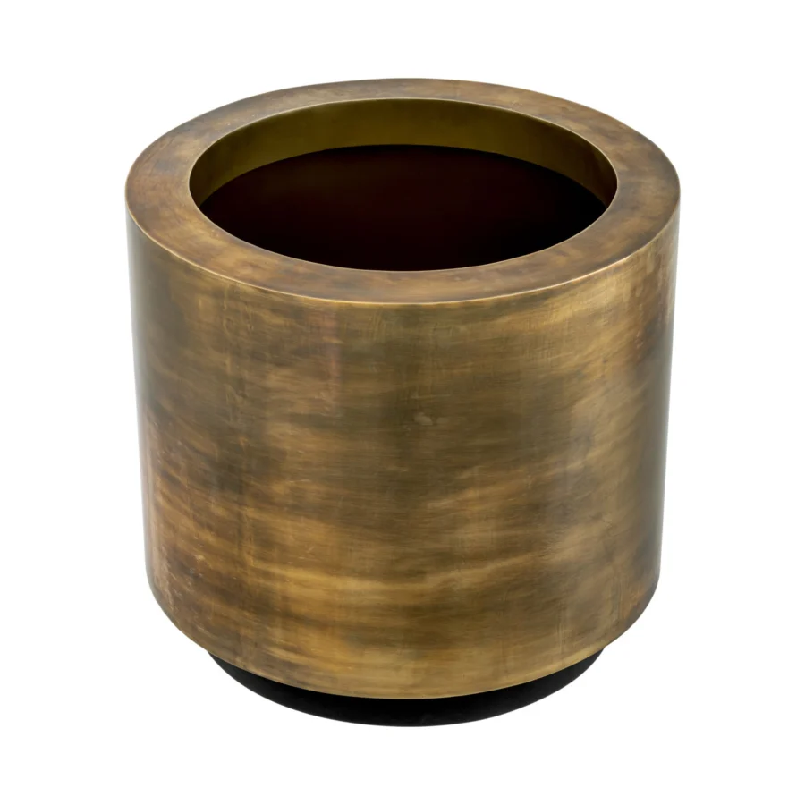 Planter by Eichholtz in metal with warm brass finish, featuring cylindrical straight walled form and wide rounded top rim