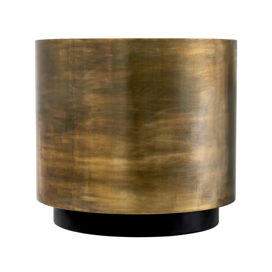 Planter by Eichholtz in metal with brushed antiqued brass finish, horizontal striations, and recessed black base