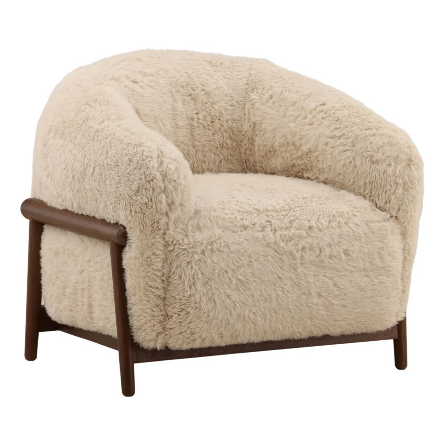 Occasional chair by Dovetail in cream faux fur upholstery with a dark brown rubber wood frame and barrel shaped silhouette