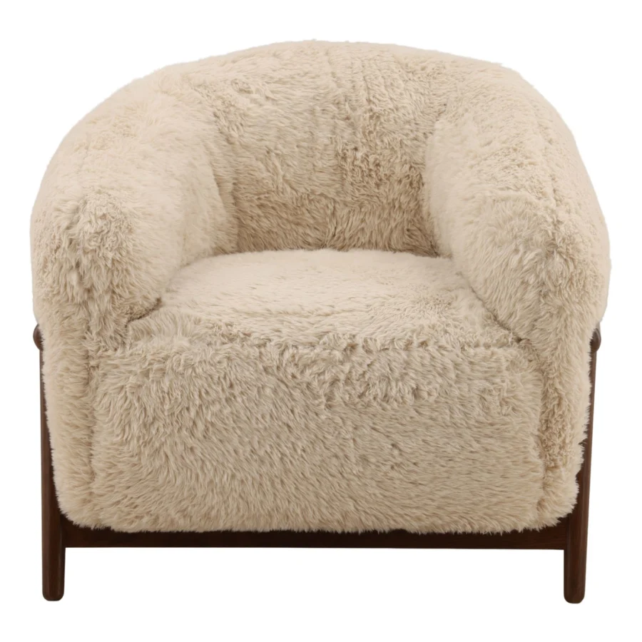 Occasional chair by Dovetail Prescott in creamy beige polyester upholstery with a rubber wood frame in matte dark finish