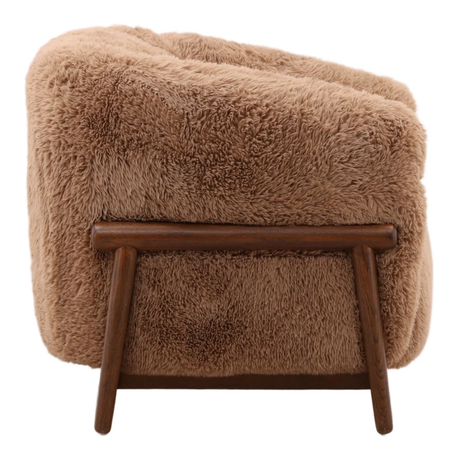 Occasional chair by Dovetail in medium brown polyester faux fur upholstery with a dark rubber wood frame in semi-gloss