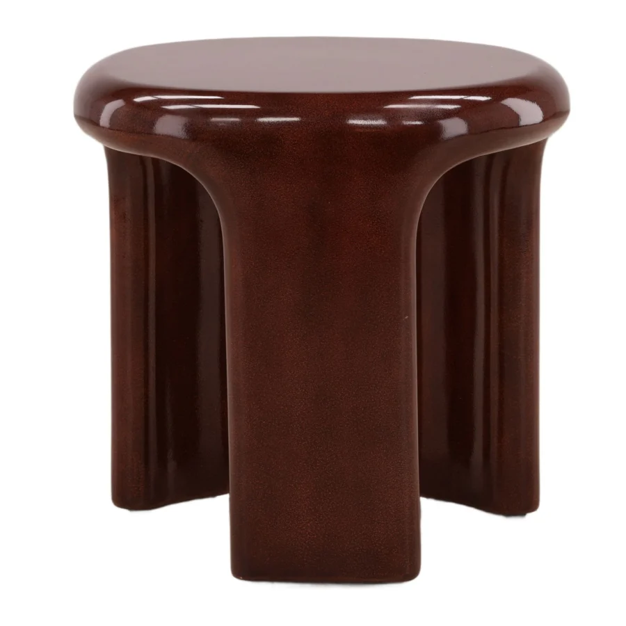 Side table by Dovetail in reddish-brown concrete with a cylindrical silhouette and a high-gloss lacquered exterior finish