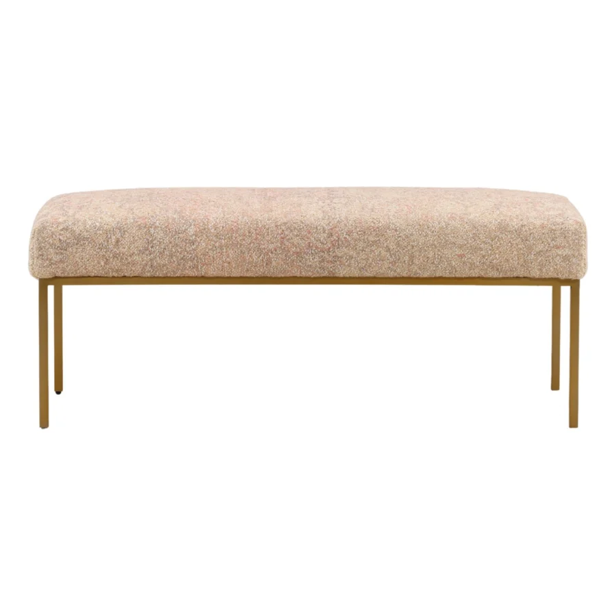 Bench by Dovetail Zoey in speckled beige and cream cotton upholstery with a metallic gold finish on steel frame structure
