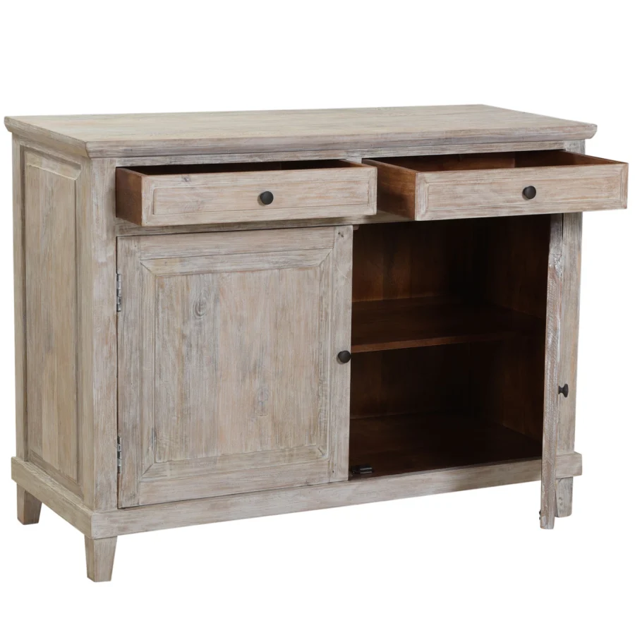 Sideboard by Dovetail in mango wood with weathered whitewashed finish, featuring drawers and cabinet doors