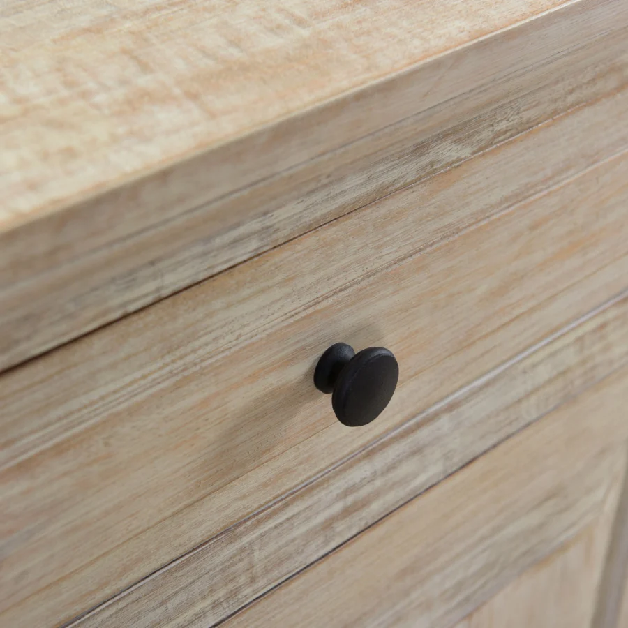 Sideboard by Dovetail in mango wood with whitewashed finish, rectilinear silhouette, weathered grain and dark metal knob