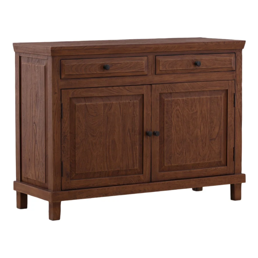 Sideboard by Dovetail in mango wood, featuring medium brown finish, two drawers, double doors, dark knobs, and squared legs