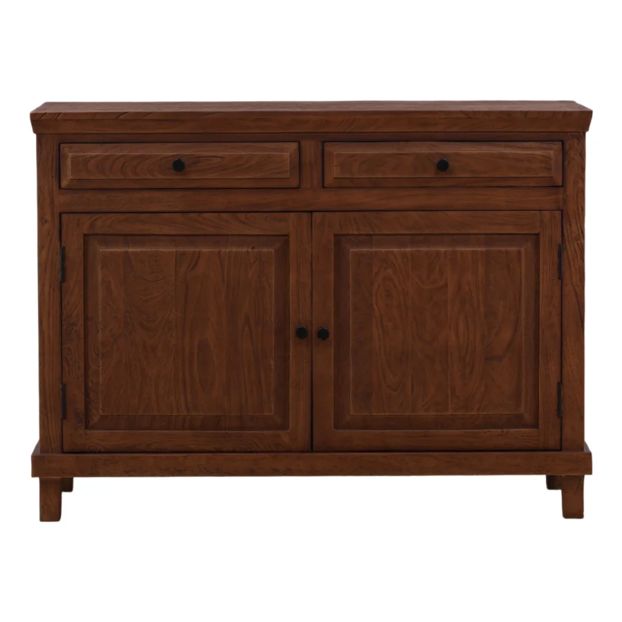 Sideboard by Dovetail in mango wood with satin finish, medium brown tones, recessed panels plus black hardware pulls