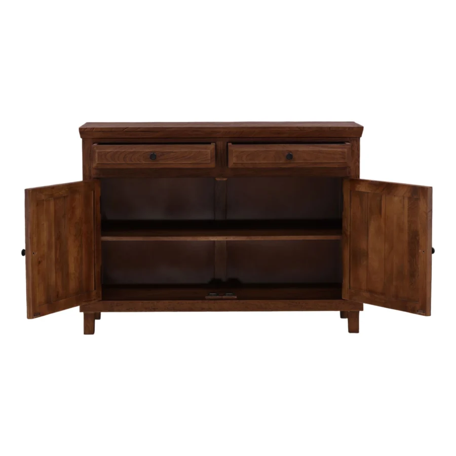 Sideboard by Dovetail in medium brown mango wood with smooth semi-gloss finish, two drawers and hinged cabinet hardware