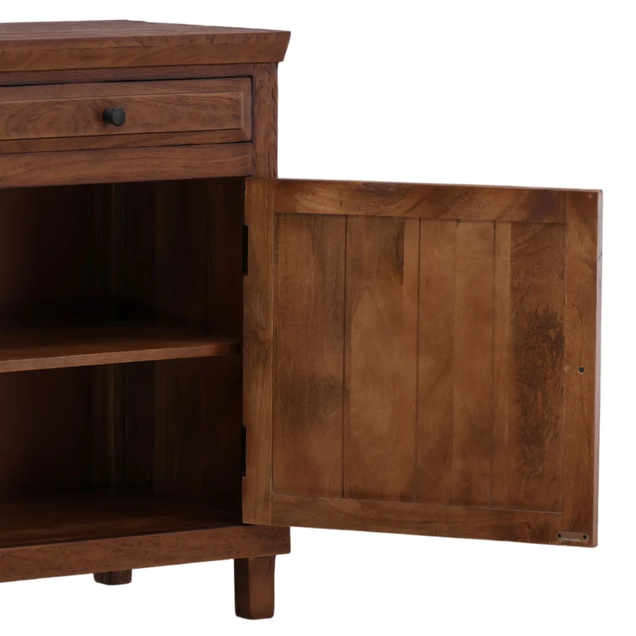 Sideboard by Dovetail in mango wood with medium brown satin finish, plank cabinet detailing and dark metal drawer pull knob