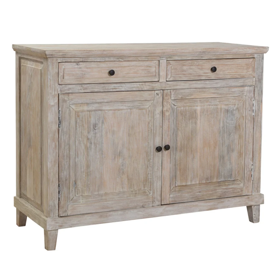 Sideboard by Dovetail in mango wood with matte weathered finish, featuring rectangular shape and dark metal knobs