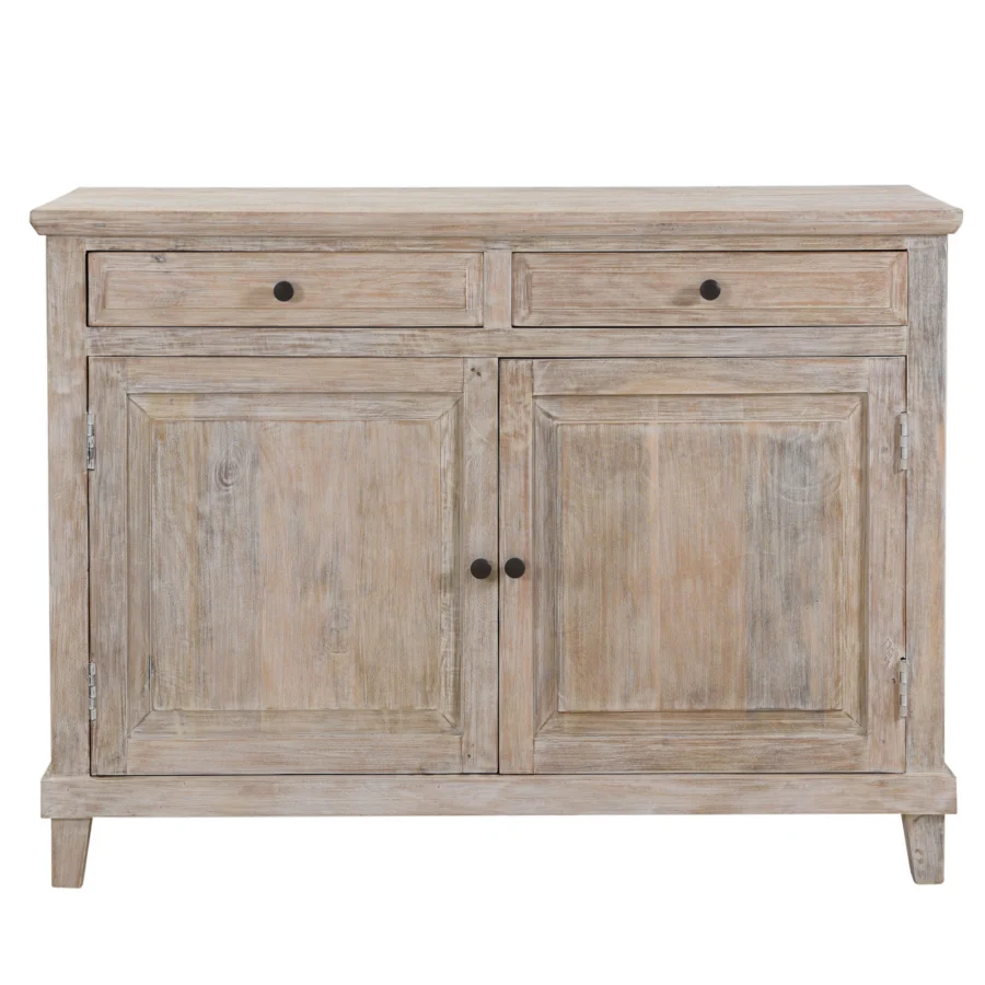 Sideboard by Dovetail in mango wood with weathered light brown matte finish and grey limed grain plus dark metal hardware