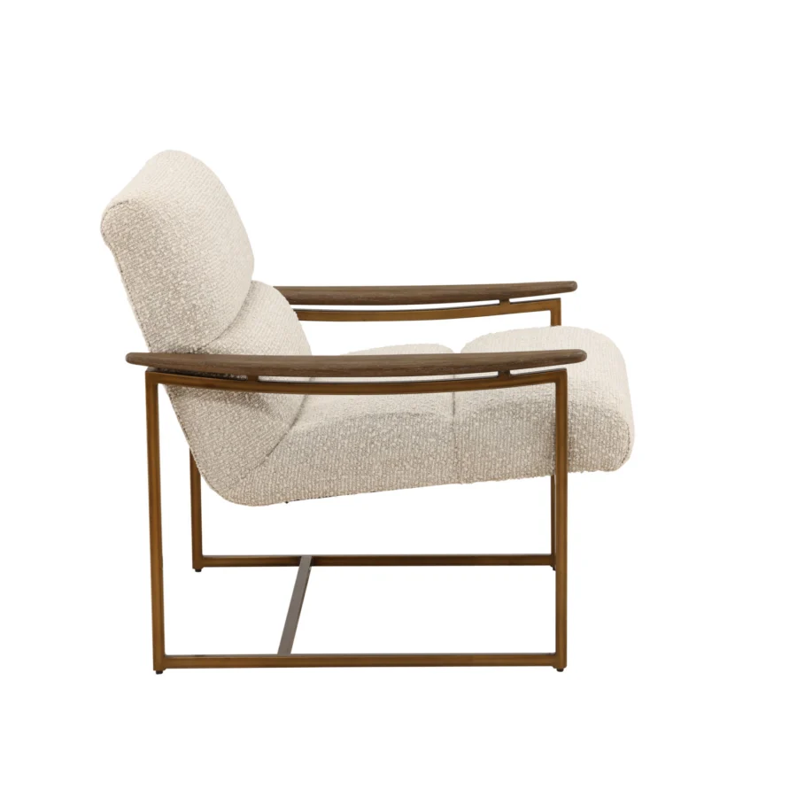 Occasional chair by Dovetail in light beige polyester upholstery with bronze metal frame and medium brown wood armrests