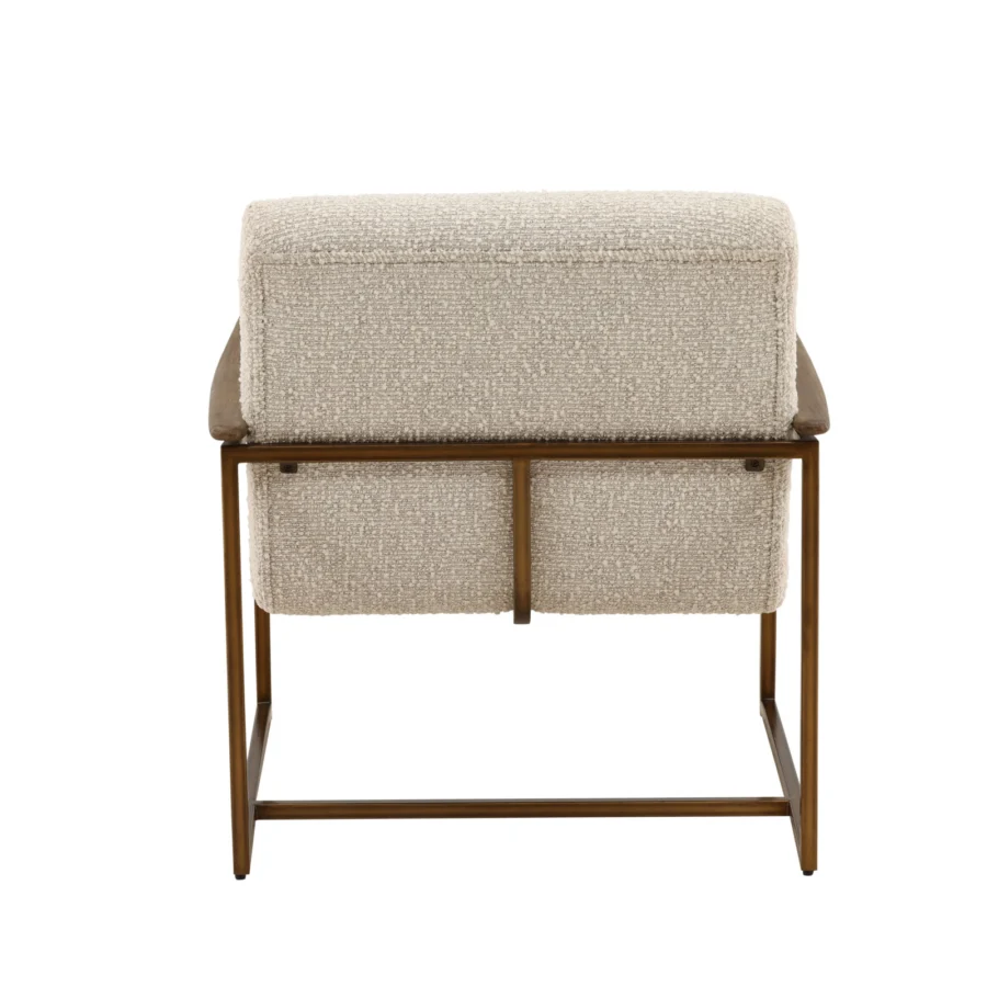 Occasional chair by Dovetail in white bouclé polyester upholstery with dark brown wood armrests and matte brass metal base