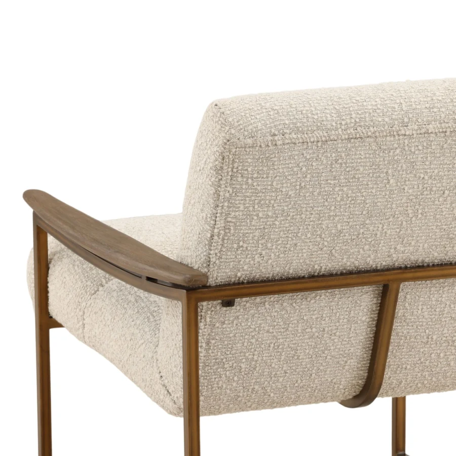 Occasional chair by Dovetail in off-white polyester bouclé fabric with metal frame and wood armrests