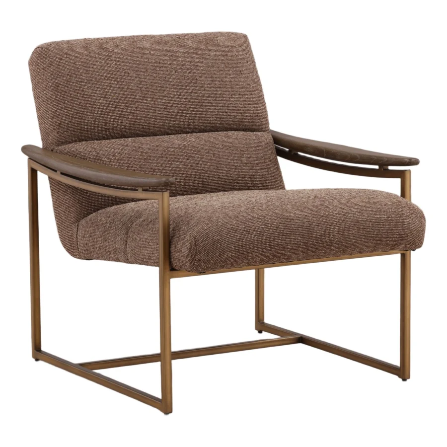Occasional chair by Dovetail in medium brown polyester upholstery with dark wood armrests and brushed satin metal frame