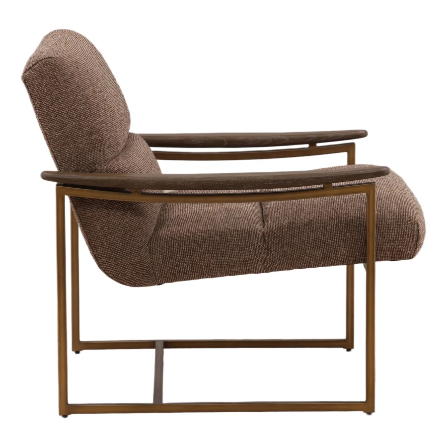Chair by Dovetail featuring medium brown polyester upholstery, dark wood armrests, and satin metal base