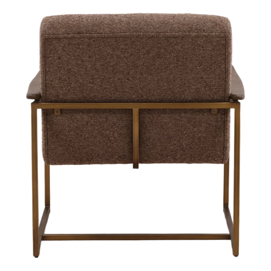 Occasional chair by Dovetail in multi-tonal brown polyester upholstery with metallic bronze sled base and dark wood arms