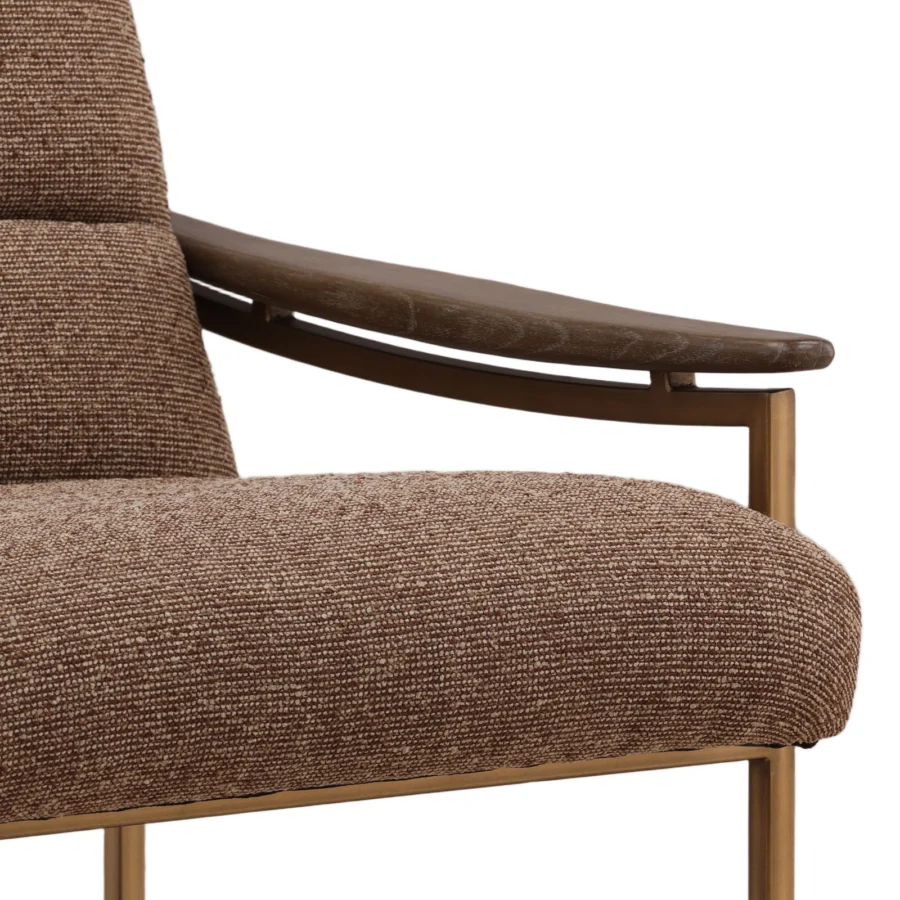 Occasional chair by Dovetail in taupe polyester upholstery with channel-tufted backrest, wood armrests and brushed gold frame