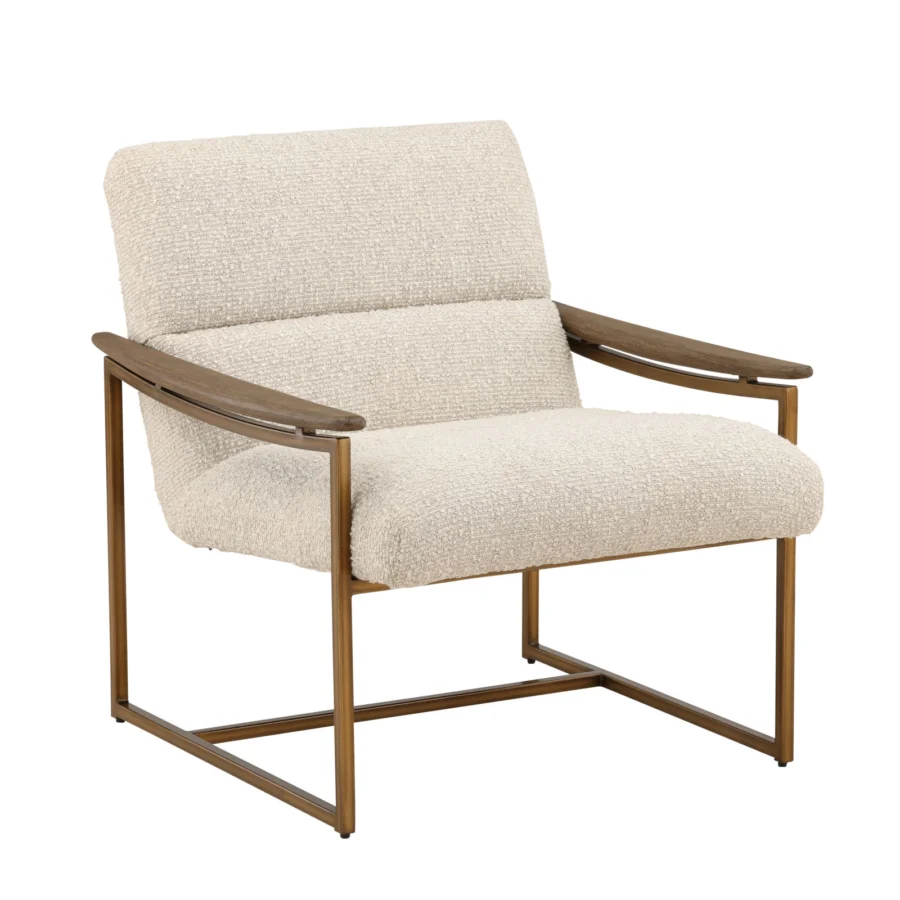 Occasional chair by Dovetail in nubby off-white polyester upholstery with dark matte wood armrests and brushed brass base