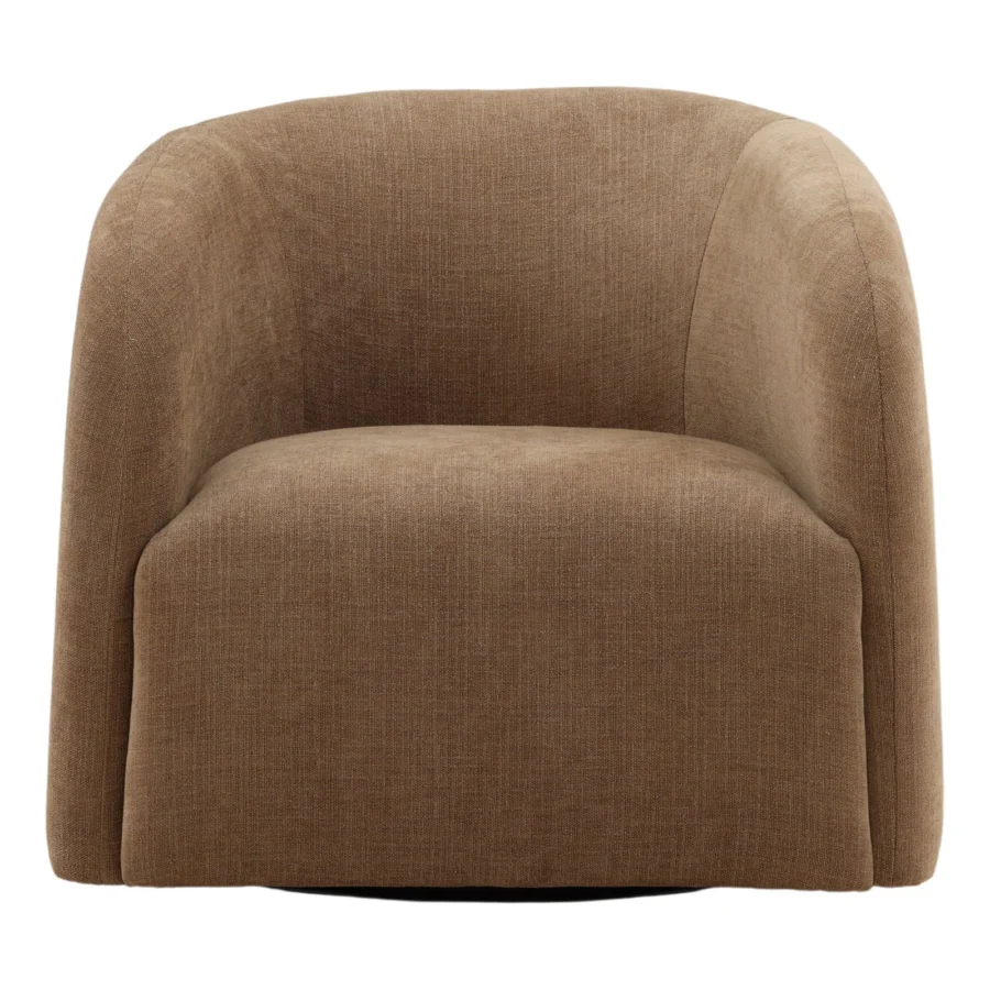 Chair by Dovetail featuring a rounded barrel shaped silhouette upholstered in textured boucle fabric with a swivel base