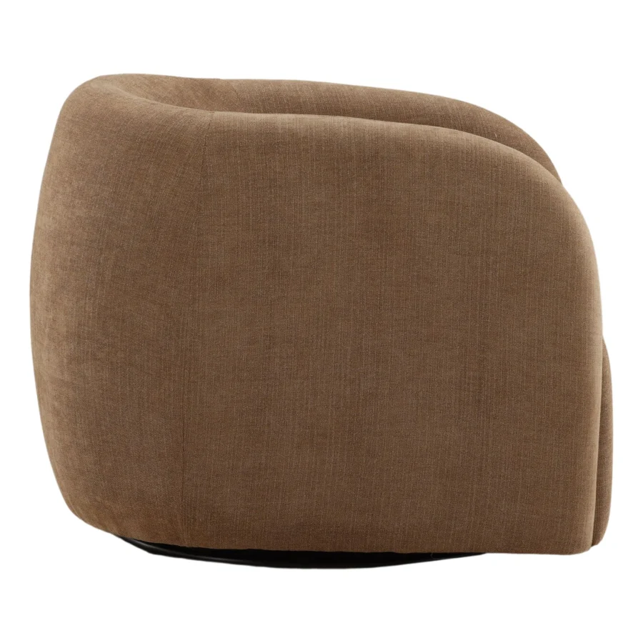 Swivel chair by Dovetail in brown boucle upholstery with a rounded compact silhouette and integrated recessed base support
