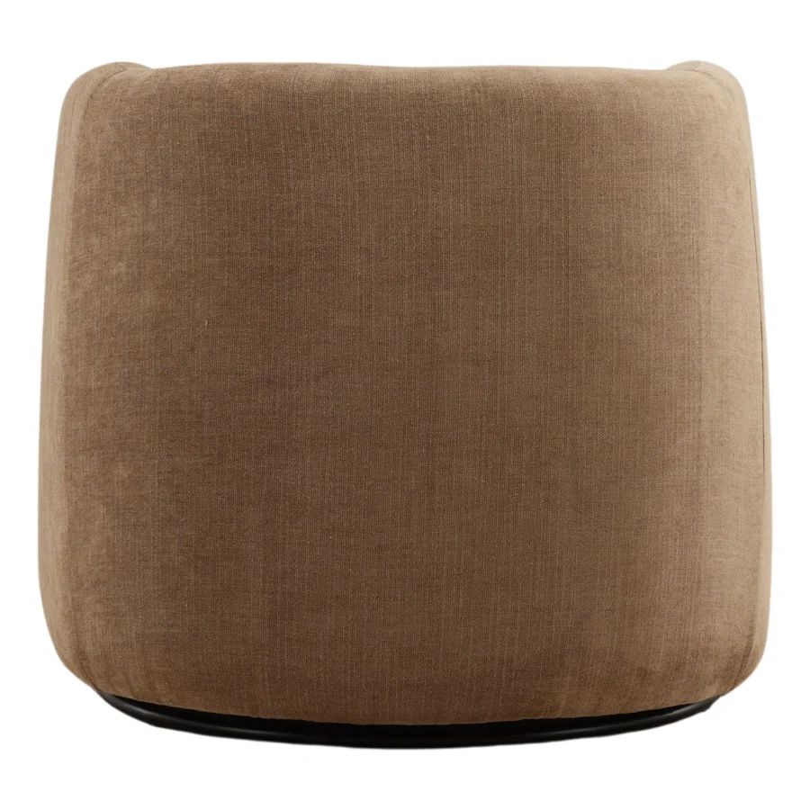 Chair by Dovetail in light brown boucle fabric with matte finish and barrel back silhouette resting on a dark swivel…