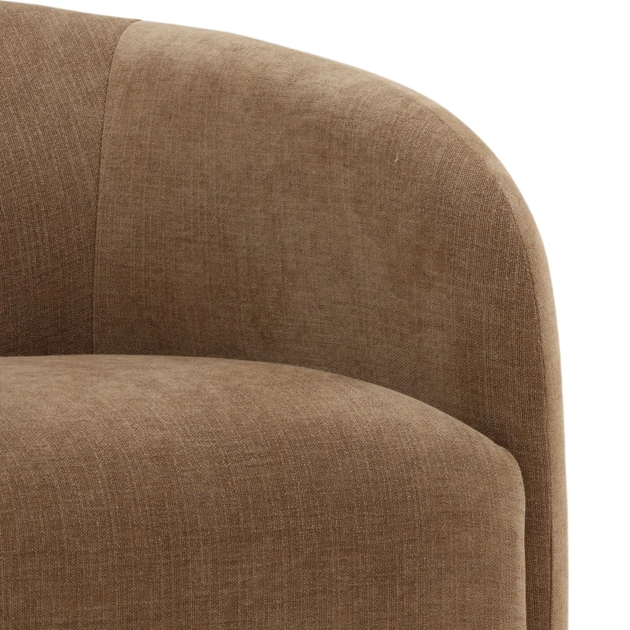 Swivel chair by Dovetail in medium brown boucle upholstery with matte finish, barrel shape and continuous curved backrest