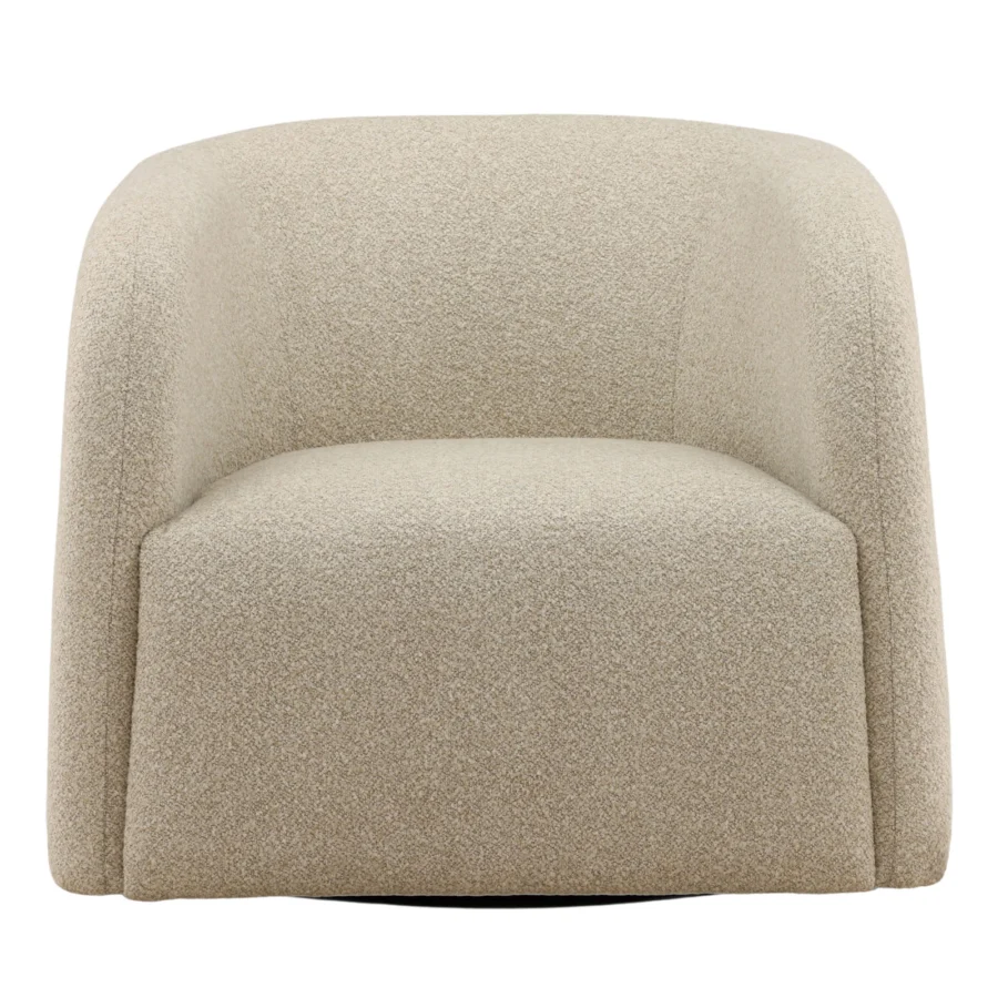 Swivel chair by Dovetail Neva in beige multi-tone bouclé upholstery with rounded bucket silhouette and wraparound backrest