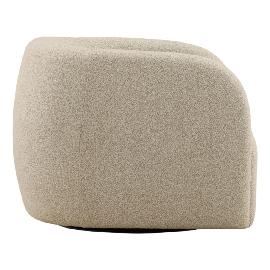 Lounge chair by Dovetail Neva in oatmeal bouclé upholstery featuring a circular swivel base and textured matte finish