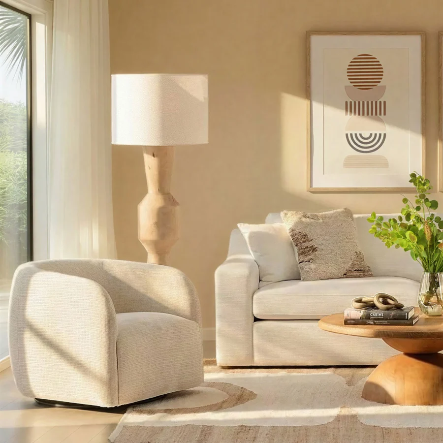 Swivel chair by Dovetail in off-white boucle upholstery with rounded tub silhouette and concealed base matte finish