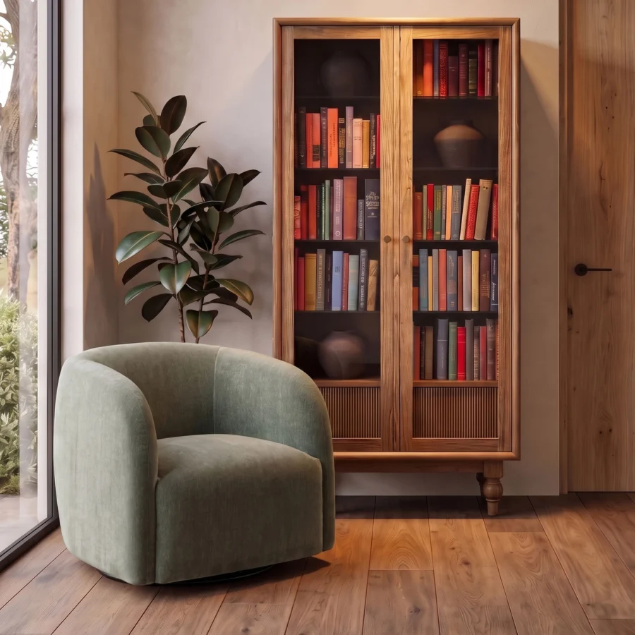 Chair by Dovetail in sage green boucle upholstery with barrel back and swivel base