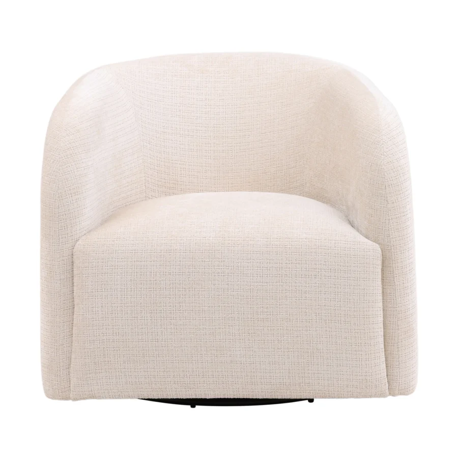 Swivel chair by Dovetail in off white boucle fabric featuring a barrel shaped silhouette and matte finish