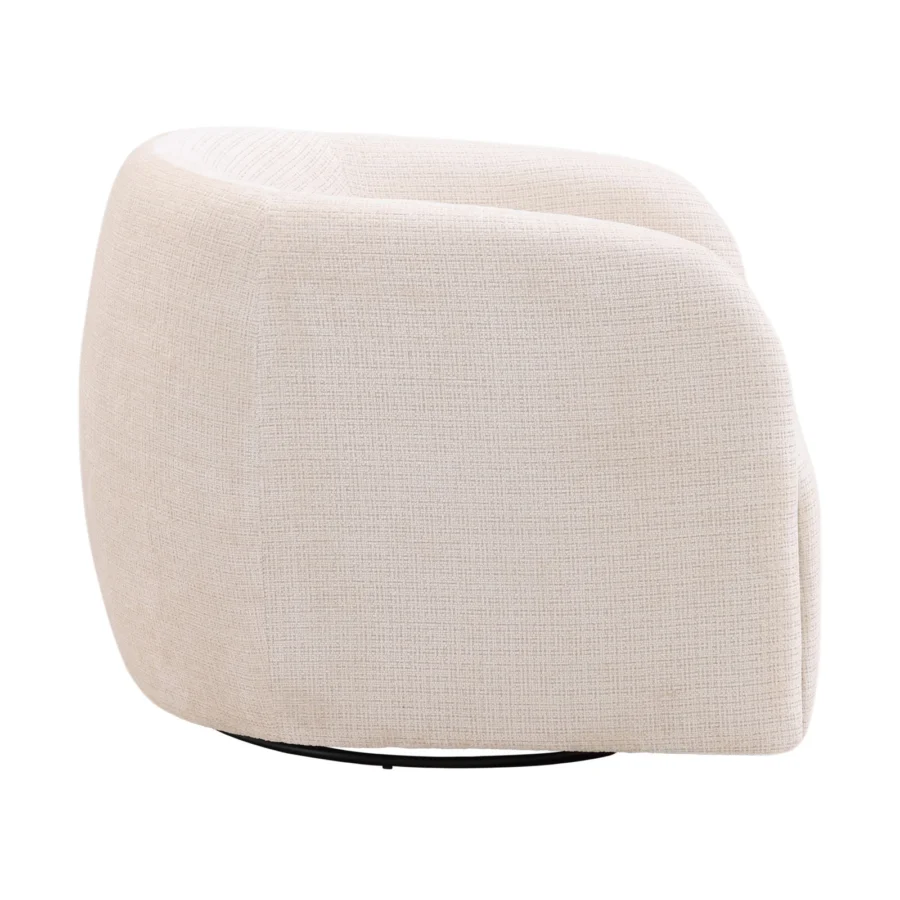 Swivel chair by Dovetail in off-white textured boucle fabric with a rounded barrel silhouette on a dark circular base