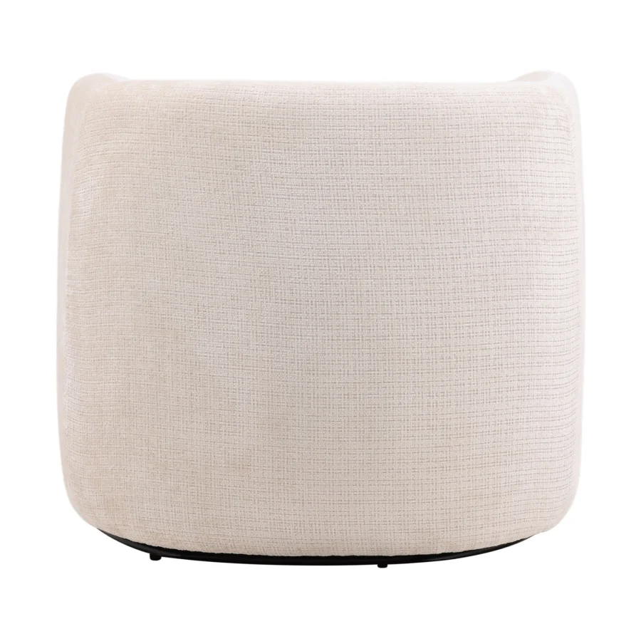 Swivel chair by Dovetail in light beige boucle fabric featuring a barrel back silhouette on a dark circular base
