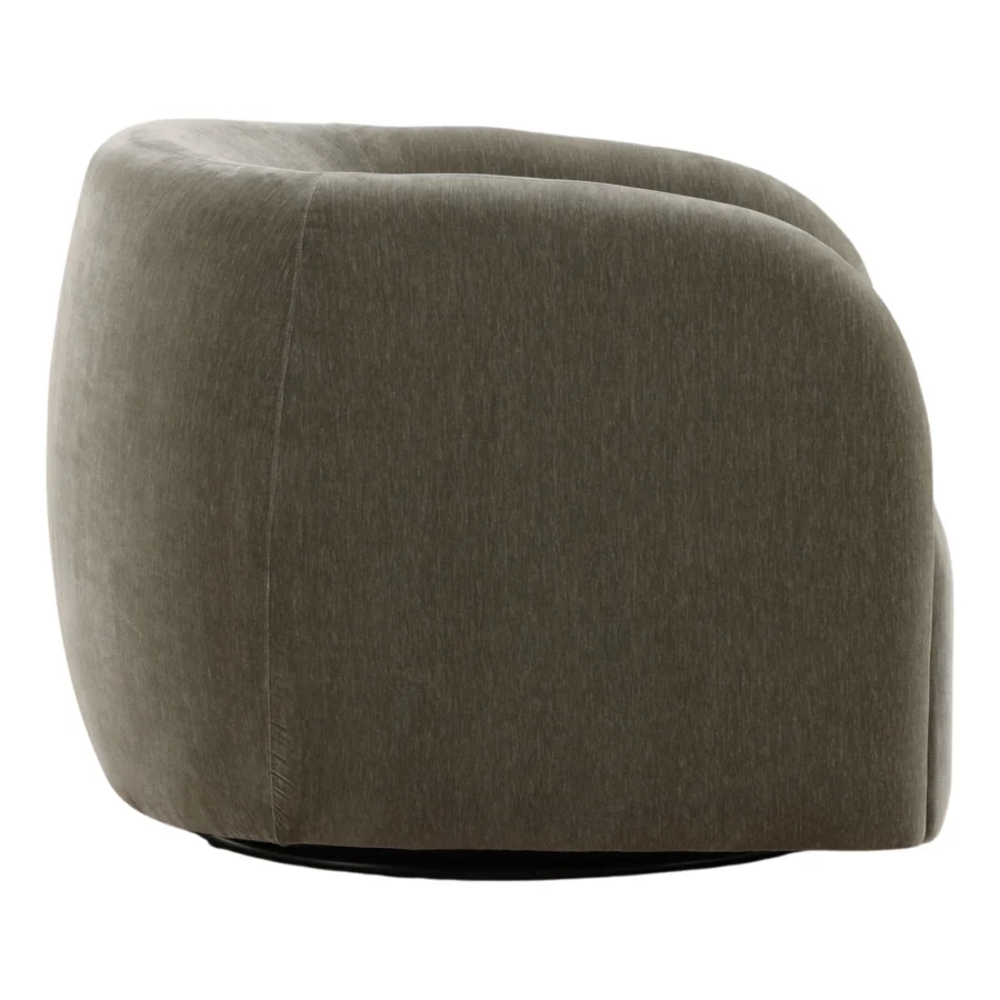 Swivel chair by Dovetail Neva in greyish-brown textured boucle upholstery with a barrel silhouette and matte base finish