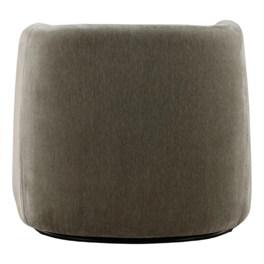Swivel chair by Dovetail Neva in taupe boucle upholstery with a barrel back silhouette on a low profile matte base…