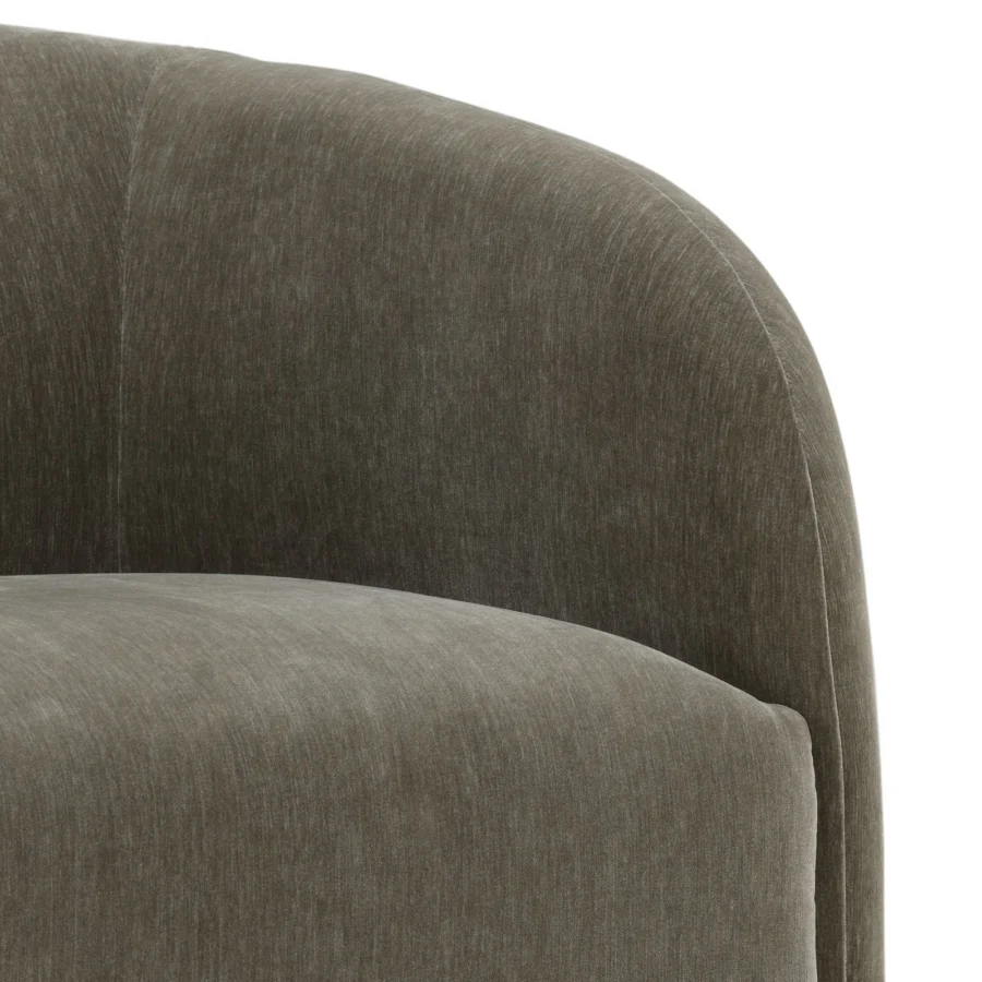 Lounge chair by Dovetail Neva in grayish brown taupe textured boucle fabric with continuous wraparound backrest and swivel base