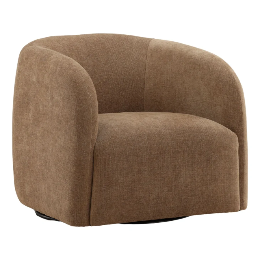 Lounge chair by Dovetail Neva in mid tone brown boucle upholstery featuring a barrel back silhouette and concealed swivel base