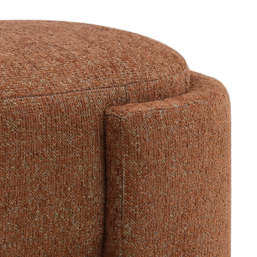 Bench by Dovetail Casa in brown multi-tonal boucle upholstery with a vertical wrapped silhouette and defined seaming detail