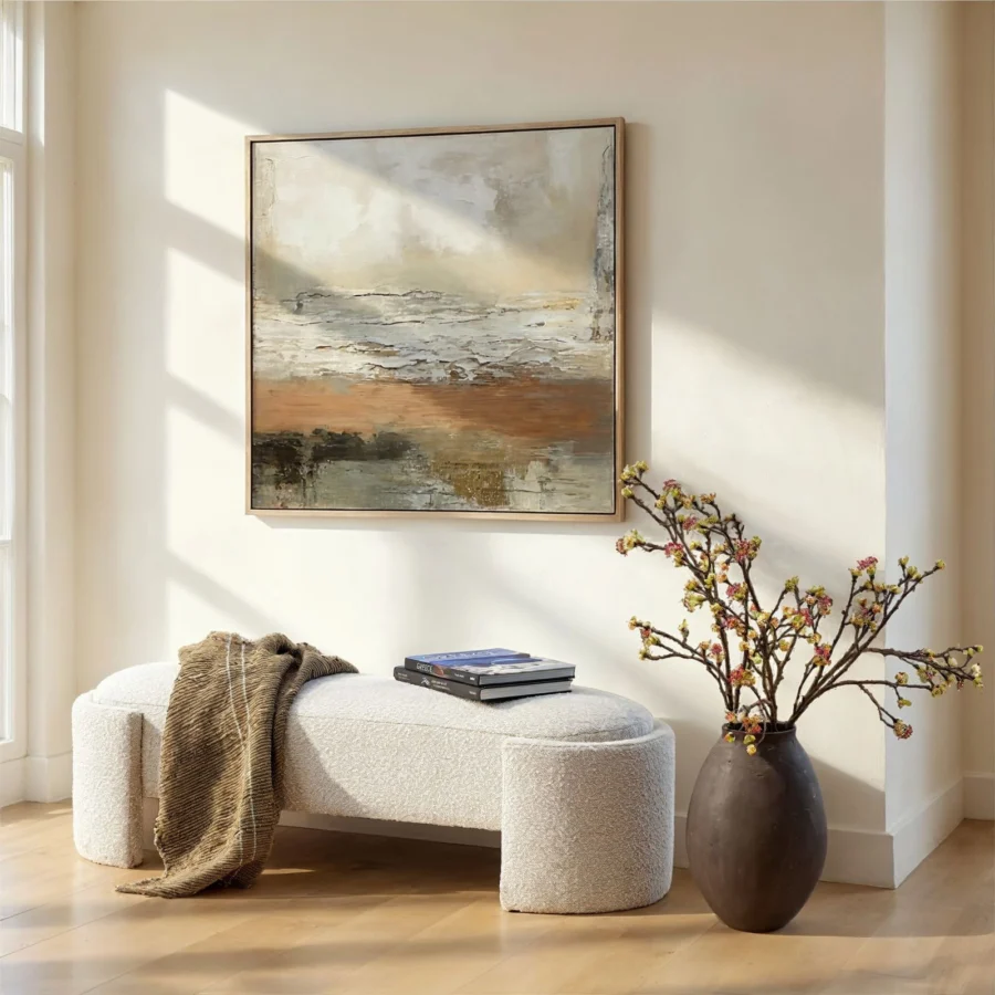 Bench by Dovetail Casa in off white boucle featuring low profile oval silhouette and two thick pedestal bases