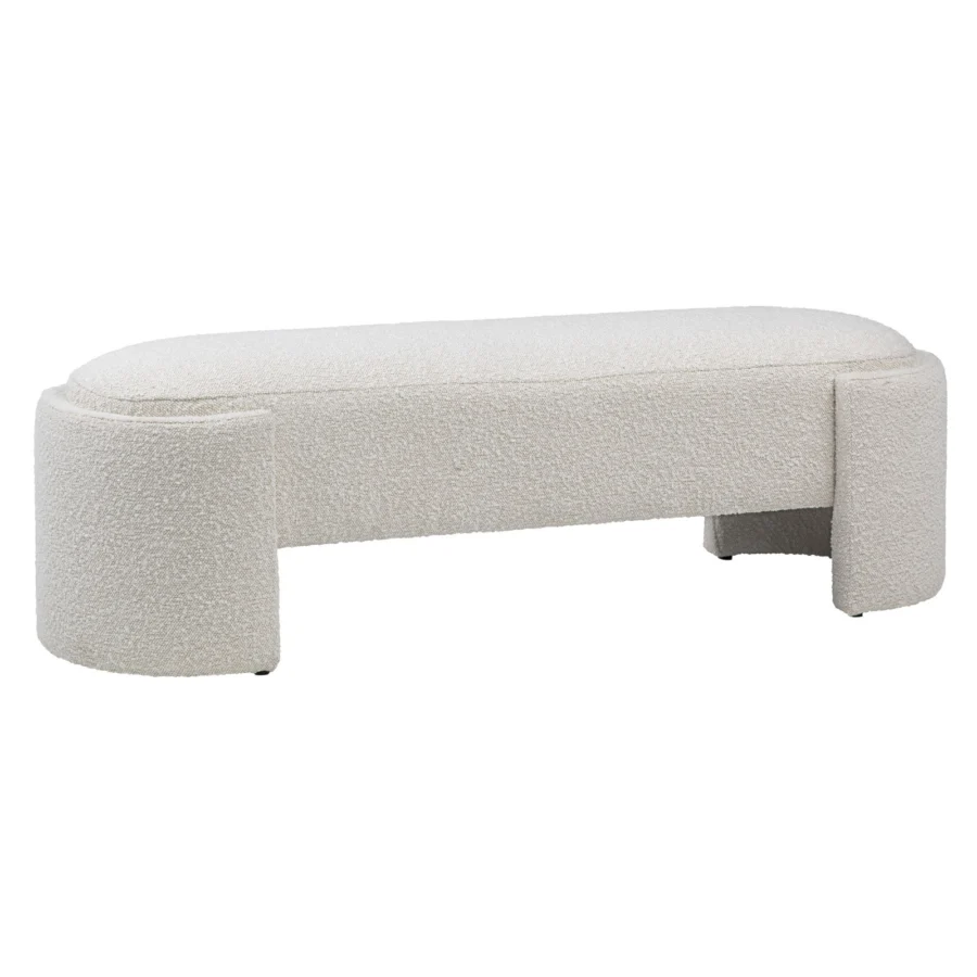 Bench by Dovetail in off white looped boucle fabric with a continuous base and rounded end panels in horizontal form